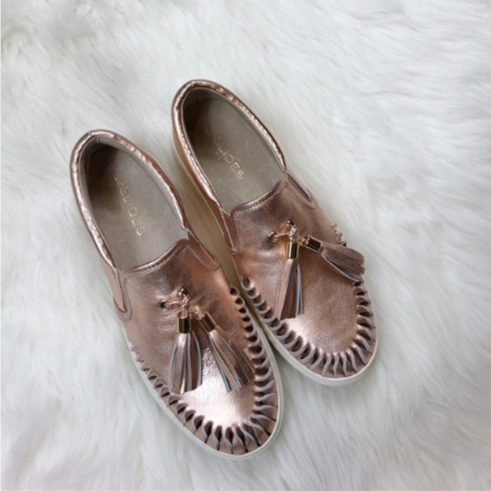 J/Slides Aztec Leather Tassel Rose Gold Slip Ons